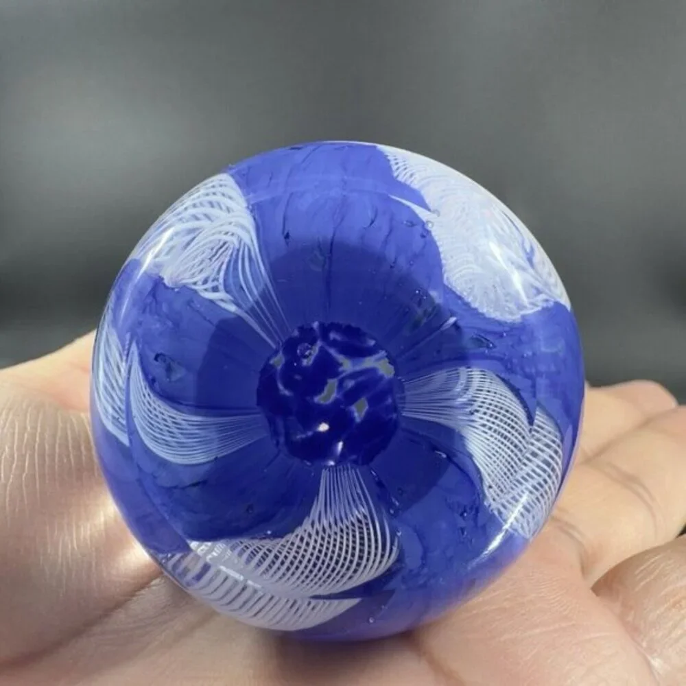 Murano Art Glass Paperweight Orb Cobalt Blue White Cane Venetian Italy Glass VTG